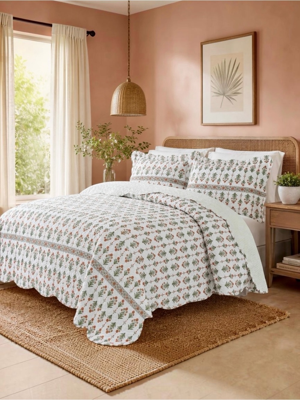 NEW Anthropologie Coral & White Floral Queen / King Bedding Quilt & Sham Set